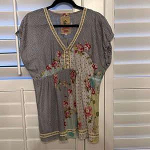 Johnny Was Silk SZ M Polka Dot & Floral Short Sleeve Tunic